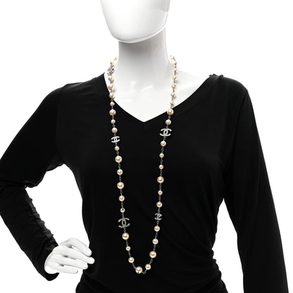 Chanel Graduated Pearl Crystal CC Long Necklace Silver 2 of 6