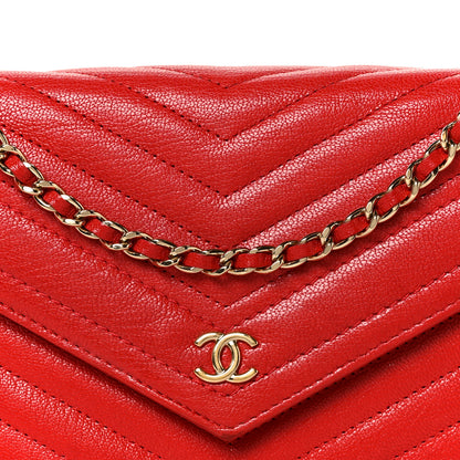 Chanel Goatskin Chevron Quilted Statement Wallet On Chain WOC Red 9 of 12