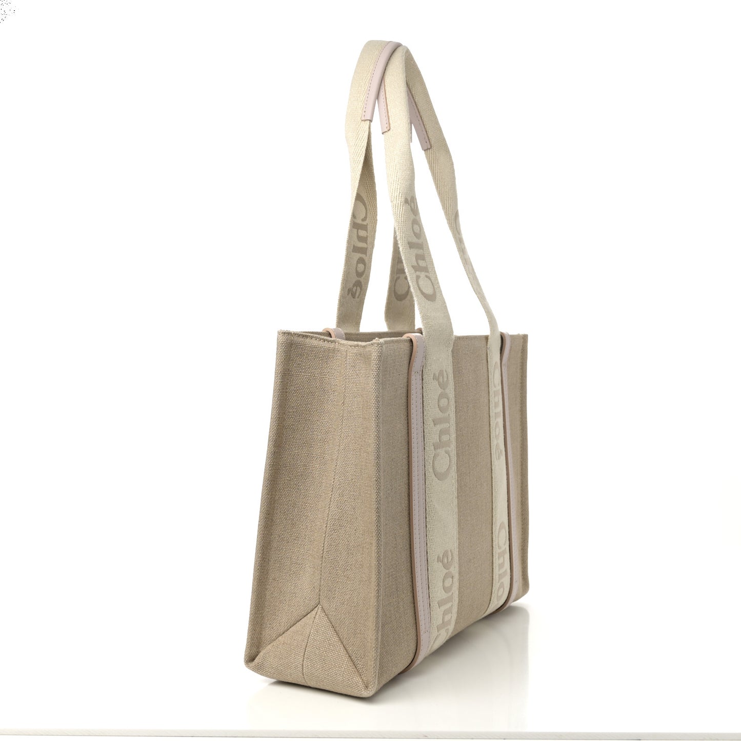 Linen Calfskin Medium Woody Ribbon Tote Cement Pink