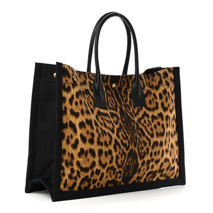 Saint Laurent Canvas Calfskin Leopard Print Rive Gauche Noe Tote Natural Black 2 of 8