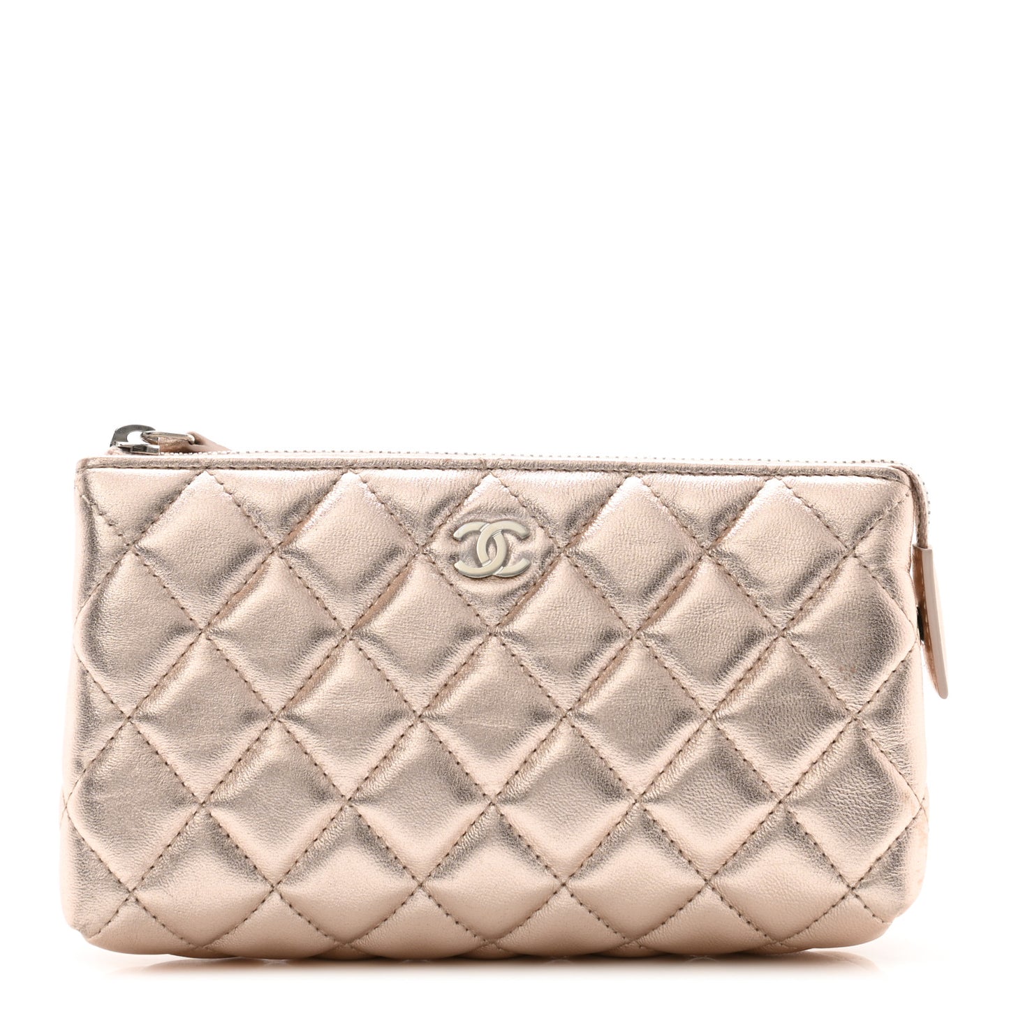 Metallic Lambskin Quilted Cosmetic Pouch Light Gold