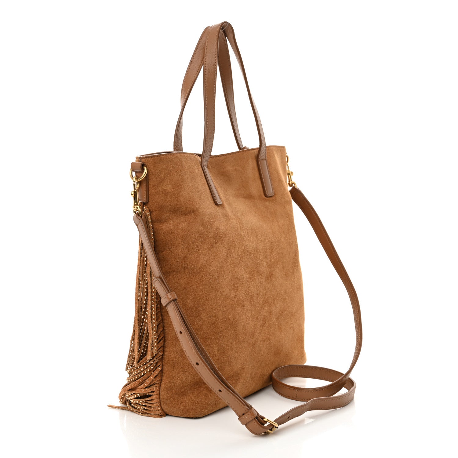 Saint Laurent Suede Calfskin Studded Fringe Toy Shopping Tote Brown 3 of 11