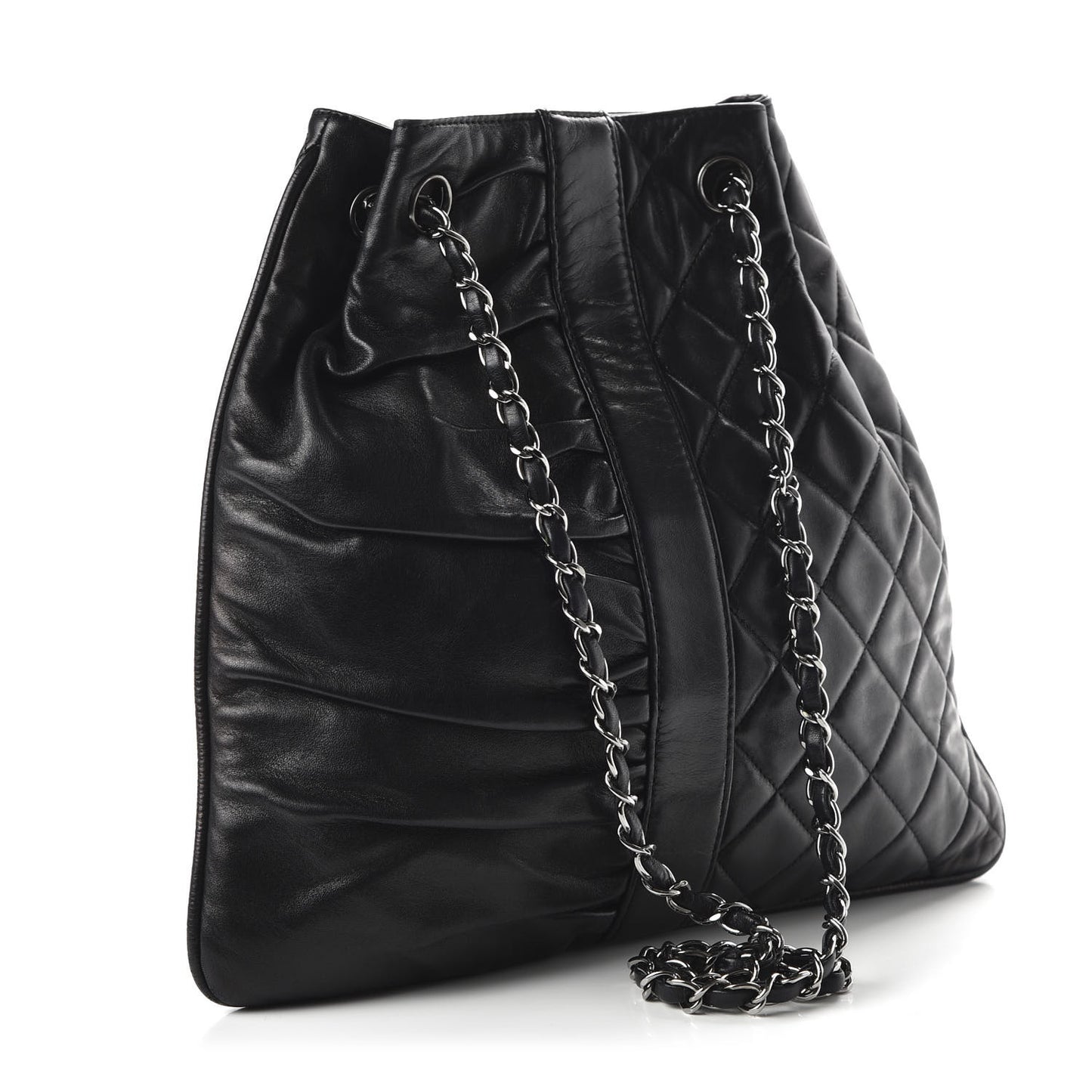 Lambskin Quilted Pile Ou Face Drawstring Bag Black