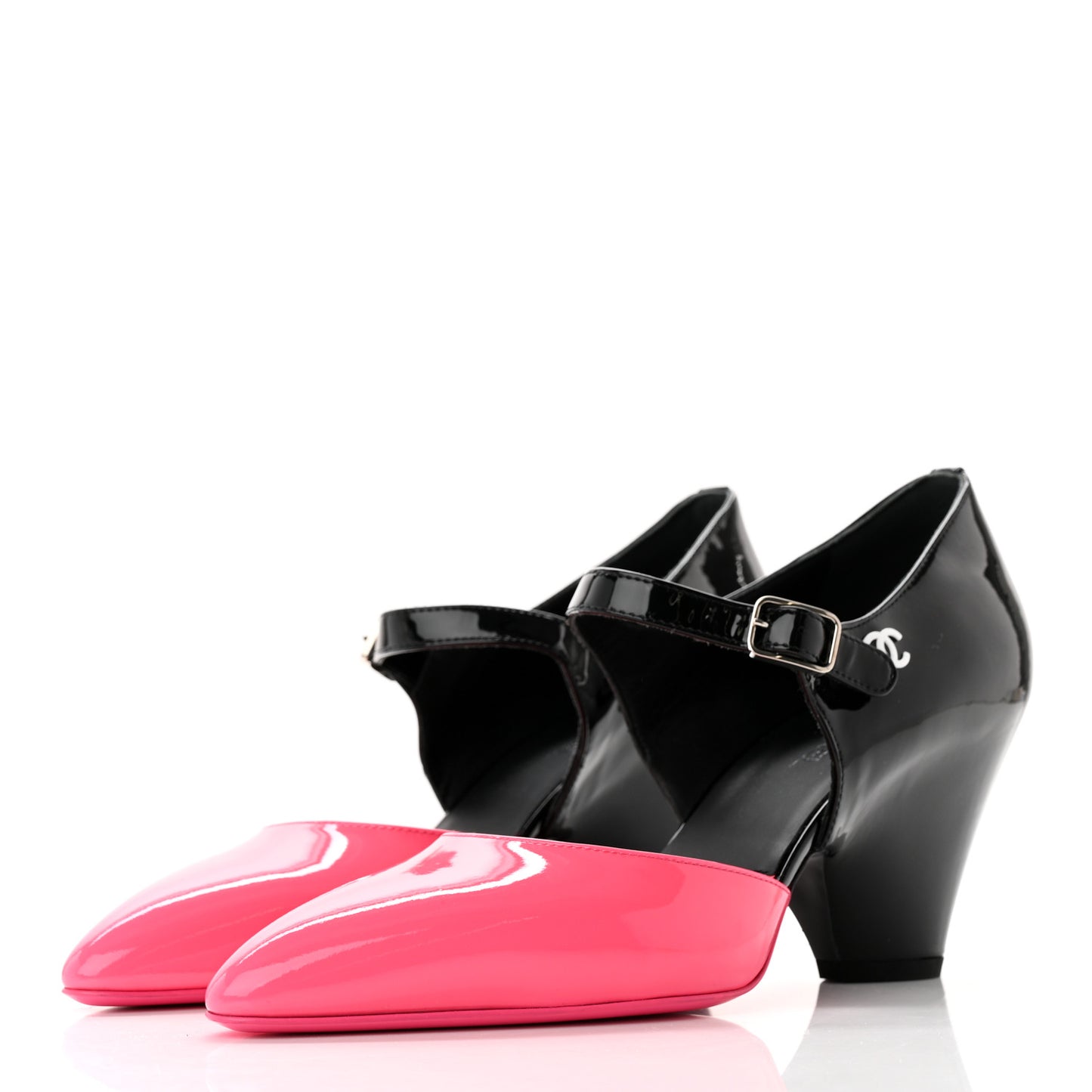 Patent Calfskin CC Pumps 39 Pink Black