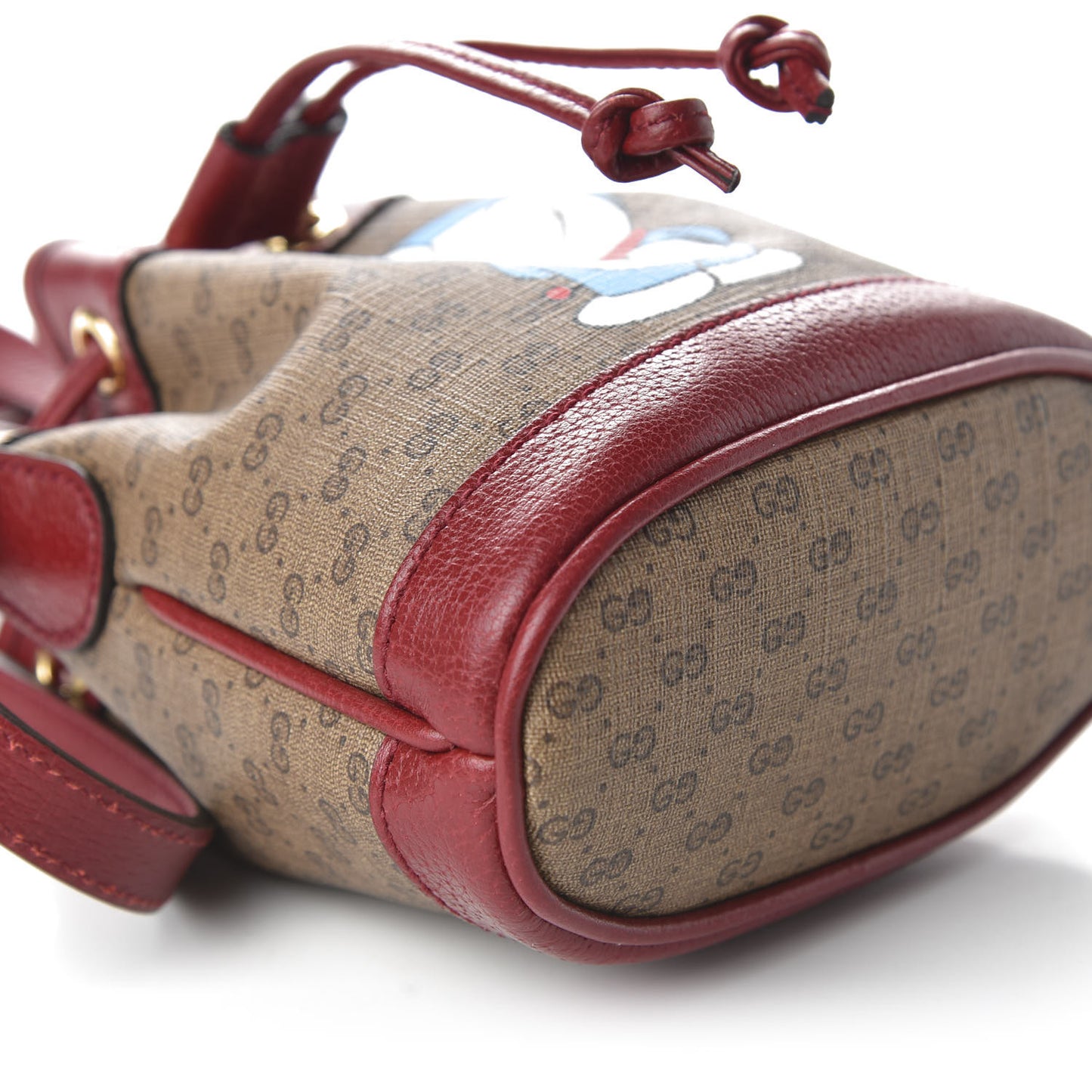 X DORAEMON Mini Vintage GG Supreme Monogram Textured Dollar Calfskin Mini Bucket Bag Beige Ebony Multicolor New Cherry Red