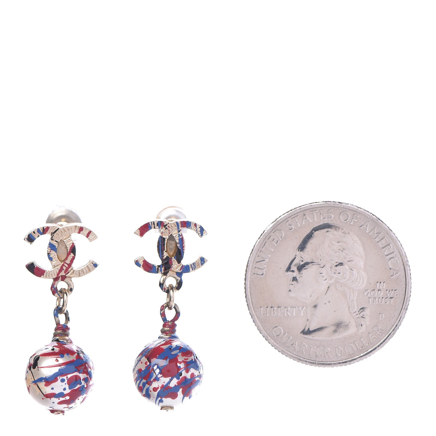 Chanel Pearl Painted CC Drop Earrings Red Blue Gold 2 of 5