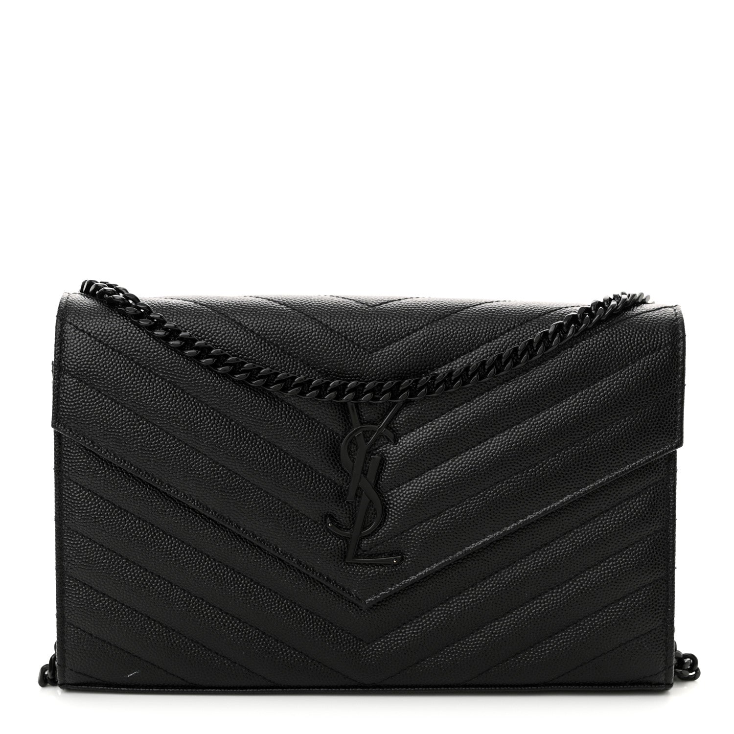 Saint Laurent Grain De Poudre Matelasse Chevron Monogram Monochrome Chain Wallet Black 1 of 12