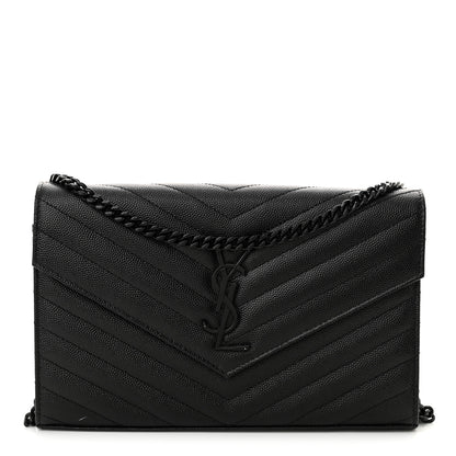 Saint Laurent Grain De Poudre Matelasse Chevron Monogram Monochrome Chain Wallet Black 1 of 12