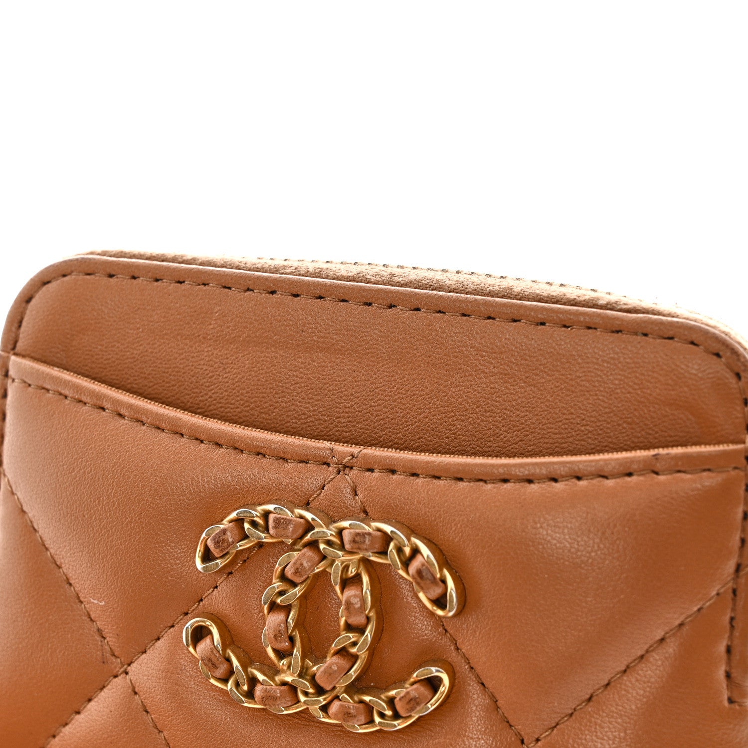 Chanel Lambskin Quilted Chanel 19 Zip Card Holder Wallet Brown