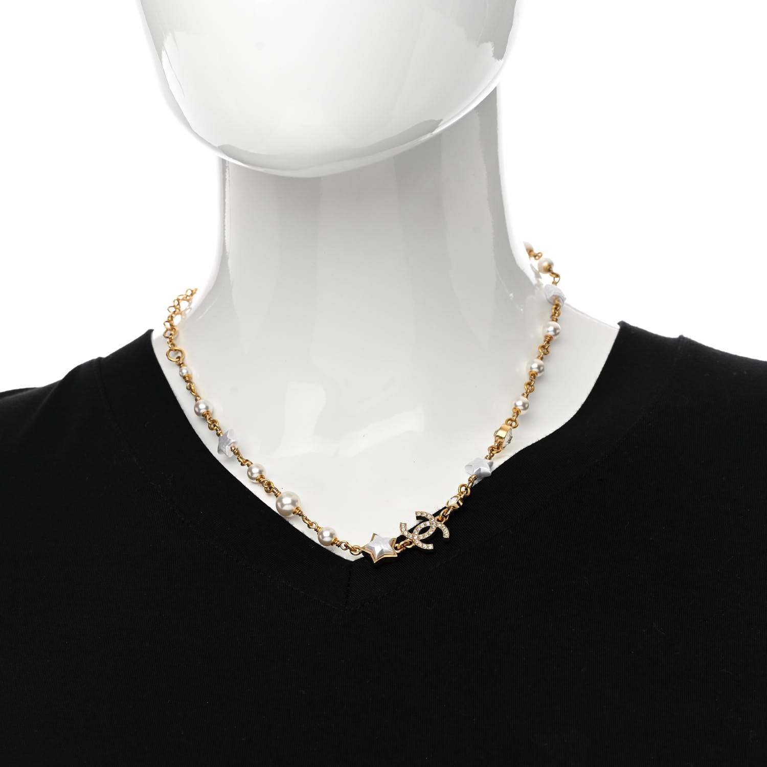 Chanel Metal Crystal Pearl CC Star Gold Pearly White 2 of 5
