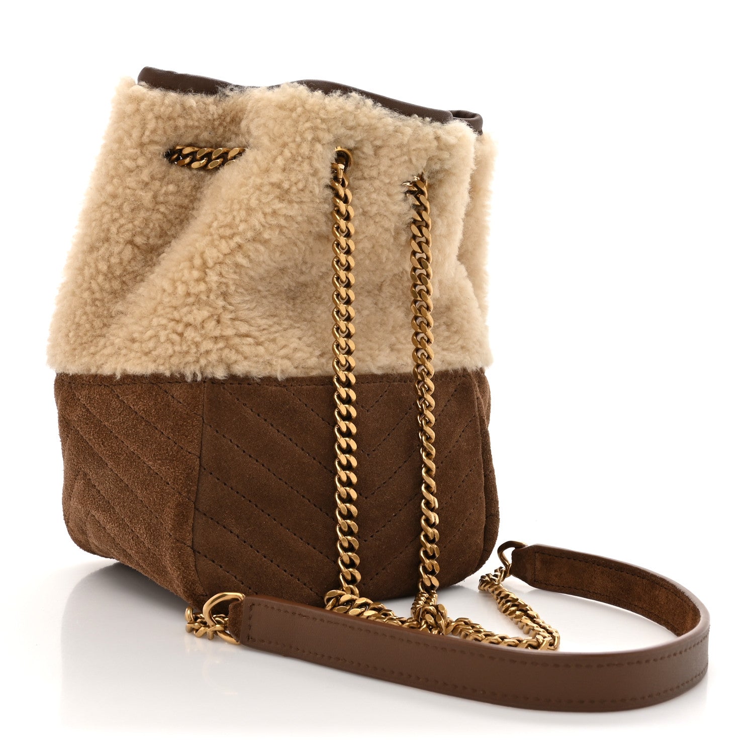 Saint Laurent Shearling Suede Monogram Joe Nano Bucket Bag Dark Cigar Natural Beige 3 of 10