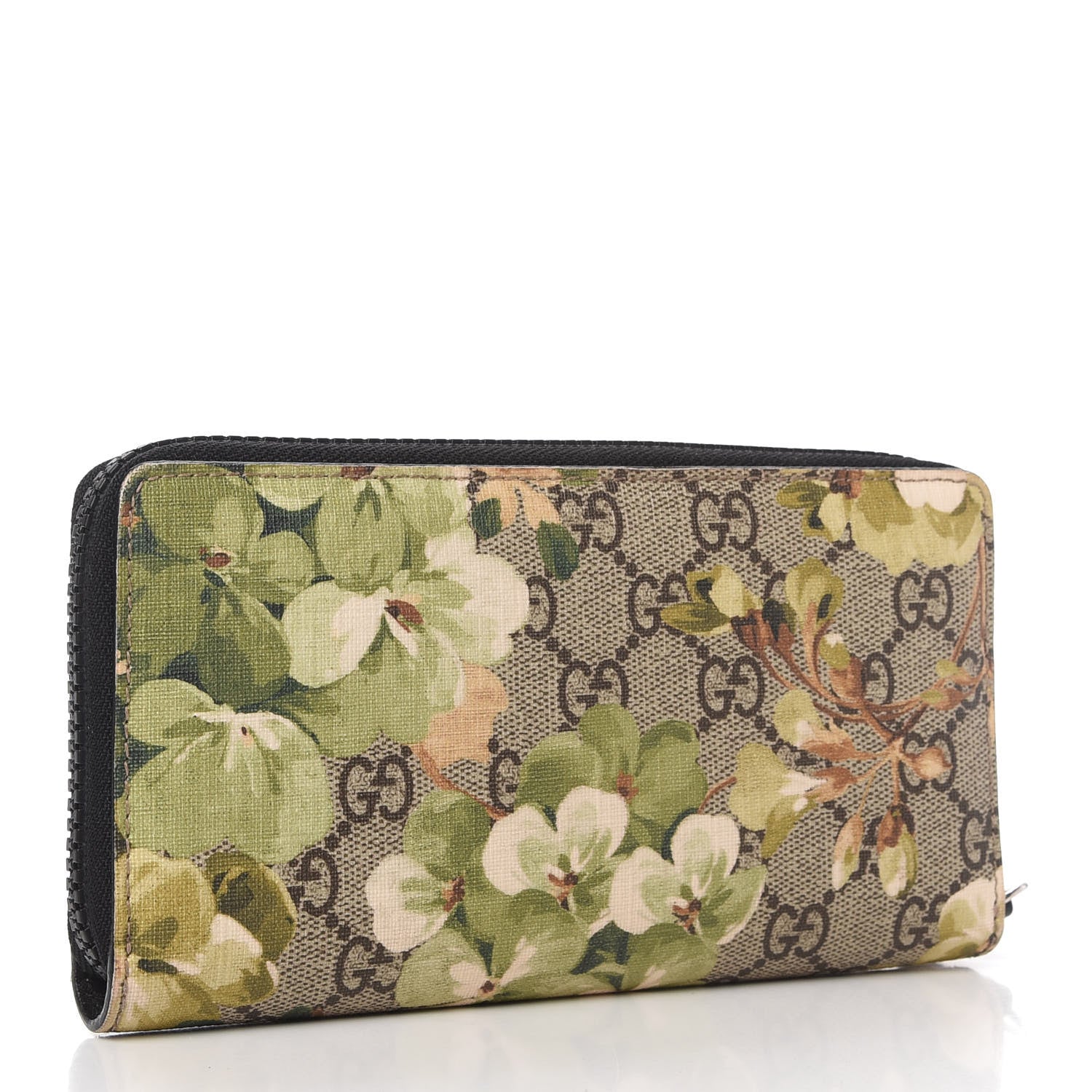 Gucci GG Supreme Monogram Blooms Zip Around Wallet Beige New Military Black 3 of 7