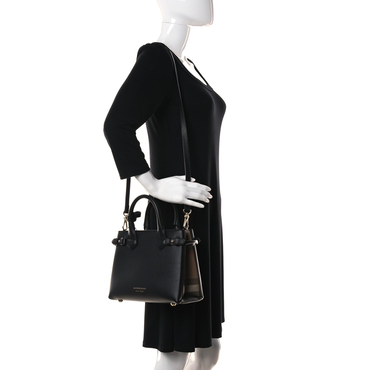 Grainy Calfskin House Check Small Banner Tote Black