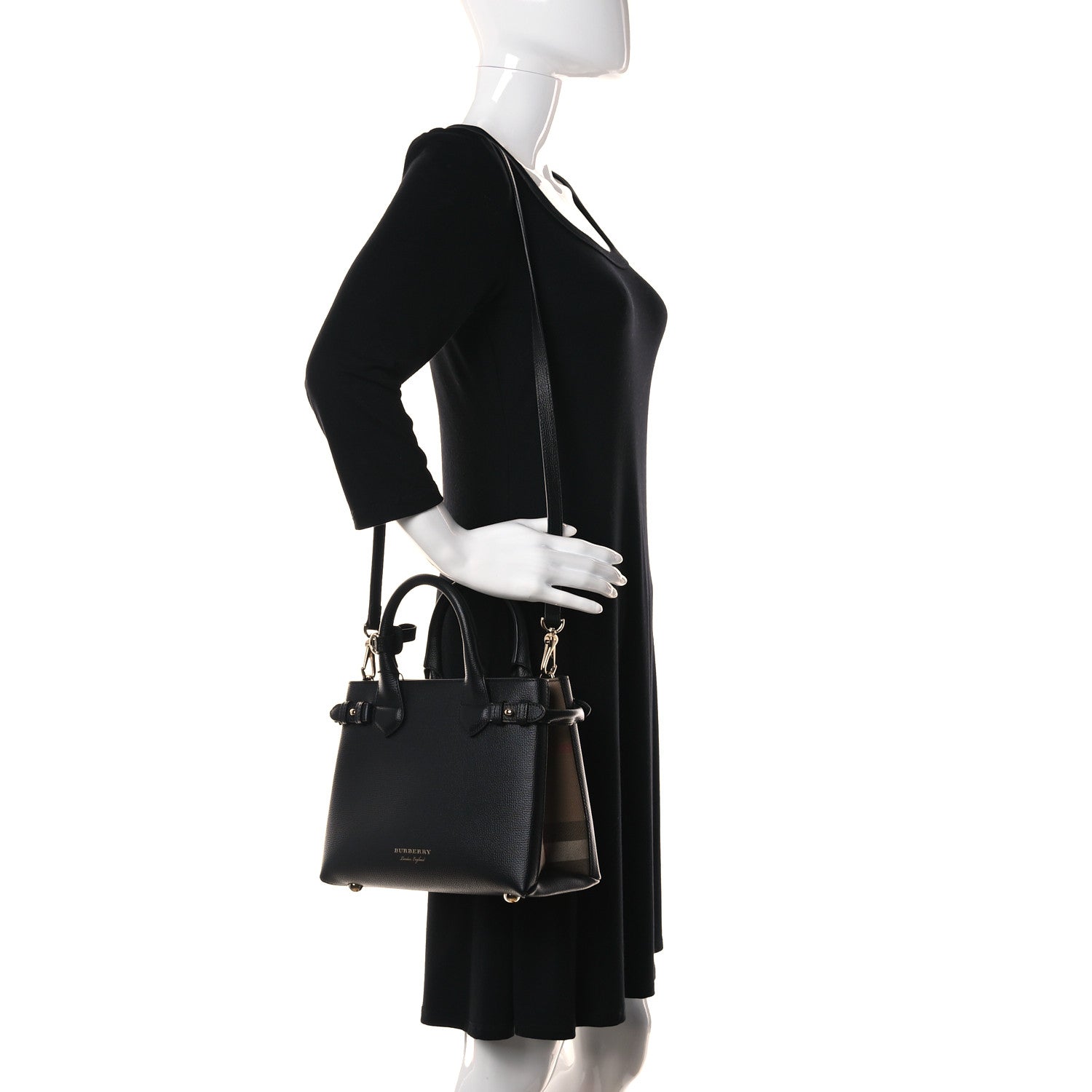Burberry Grainy Calfskin House Check Small Banner Tote Black 2 of 11