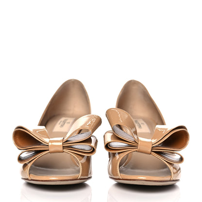 Valentino Garavani Patent Couture Bow Peep Toe Low Heel Pumps 38 Beige 2 of 8