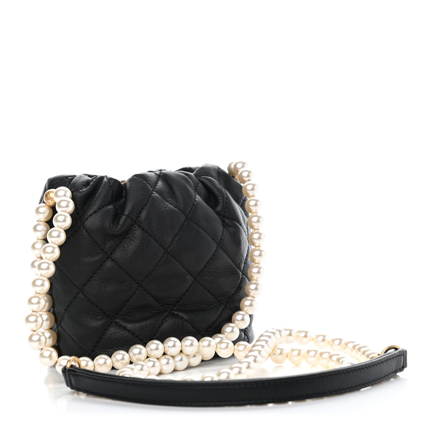 Calfskin Quilted Pearl Mini About Pearls Drawstring Bucket Bag Black