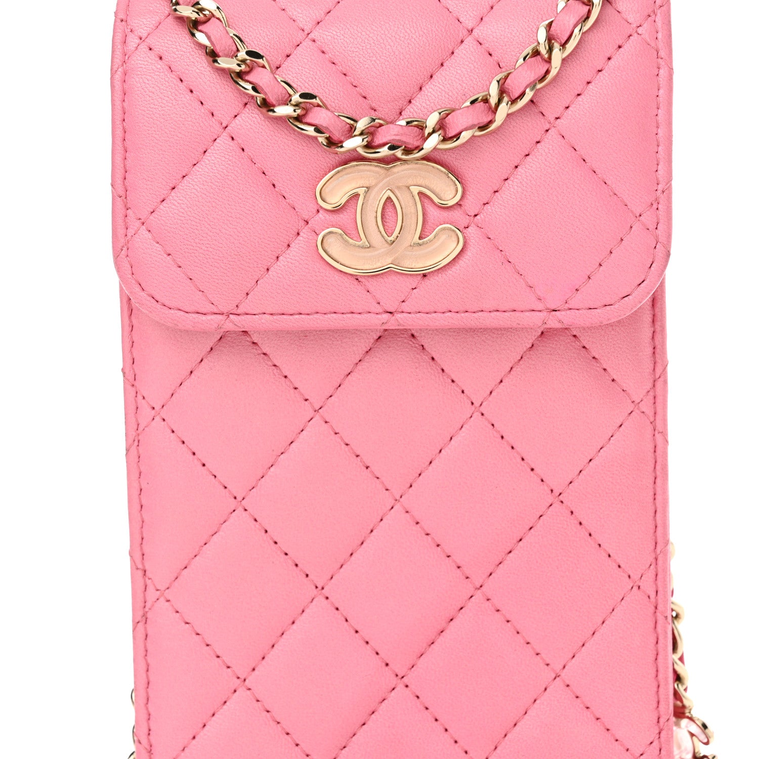 Chanel Lambskin Resin Quilted Phone Holder With Chain Pink 1535893