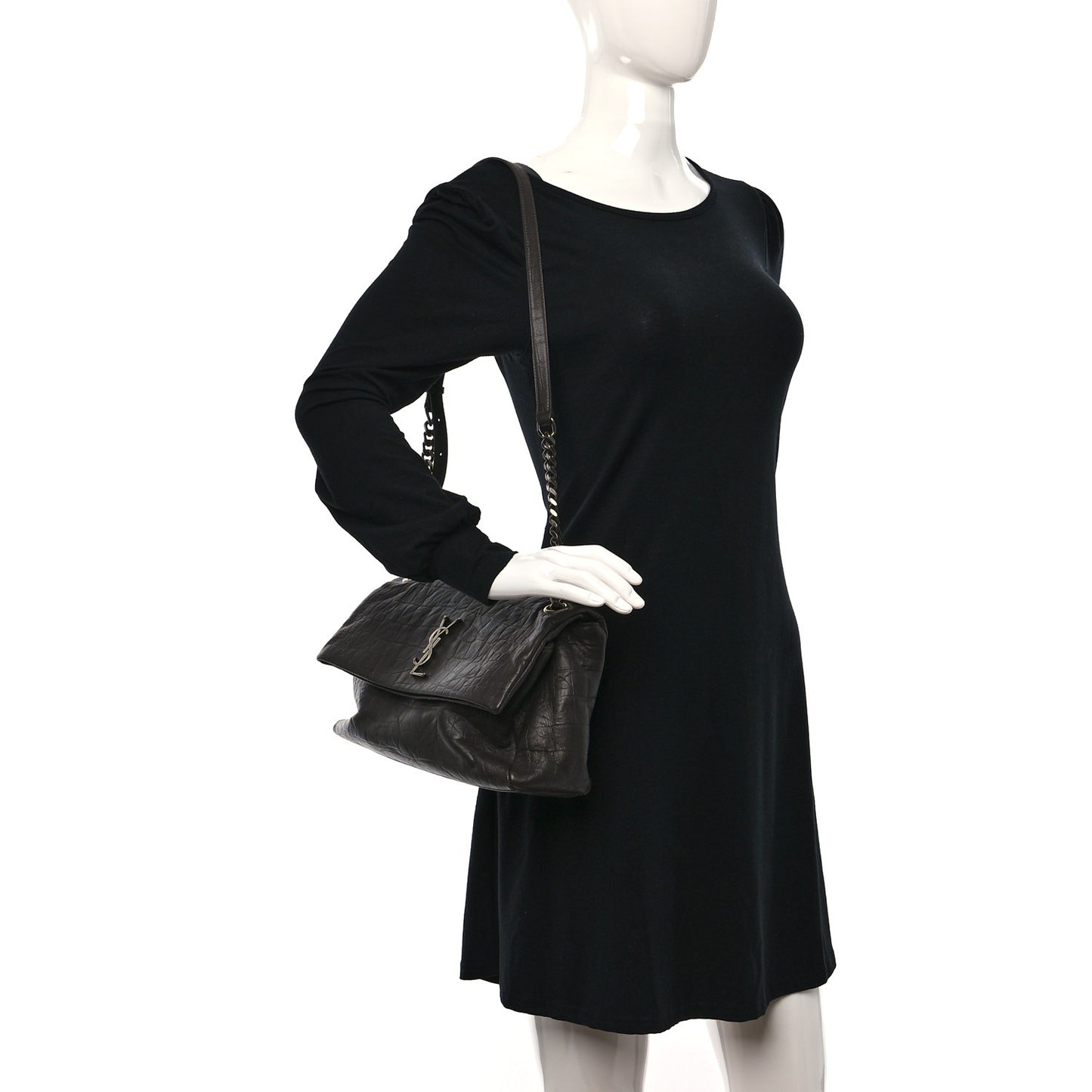 Calfskin Crocodile Embossed Medium West Hollywood Monogram Fold-Over Grey