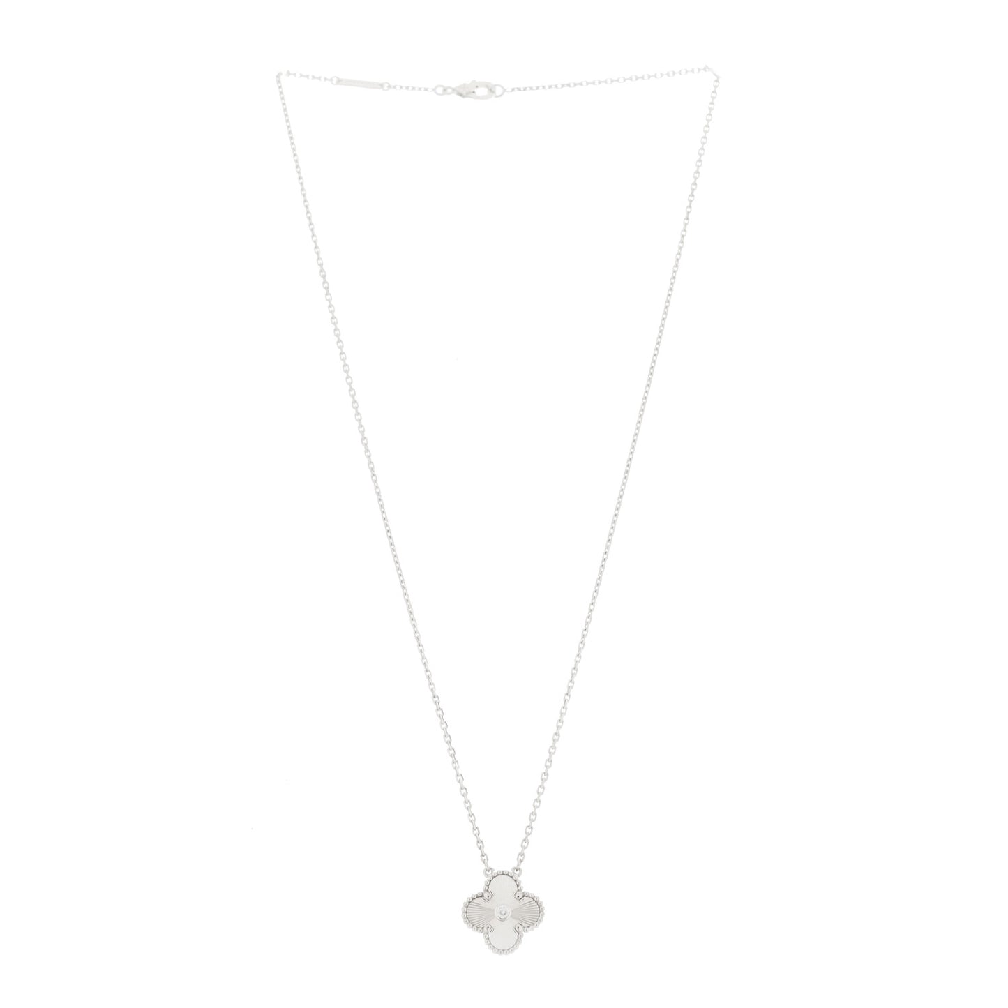 18K White Gold Diamond Guilloche Vintage Alhambra Pendant Necklace