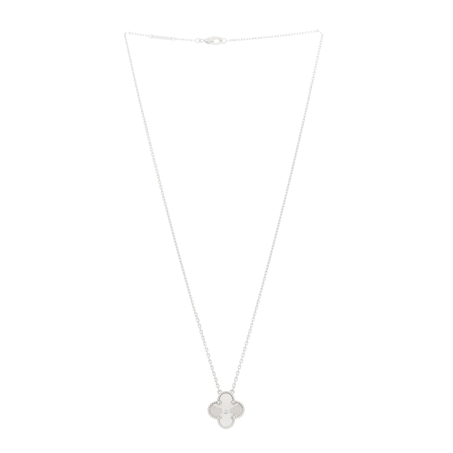 Van Cleef & Arpels 18K White Gold Diamond Guilloche Vintage Alhambra Pendant Necklace 3 of 5