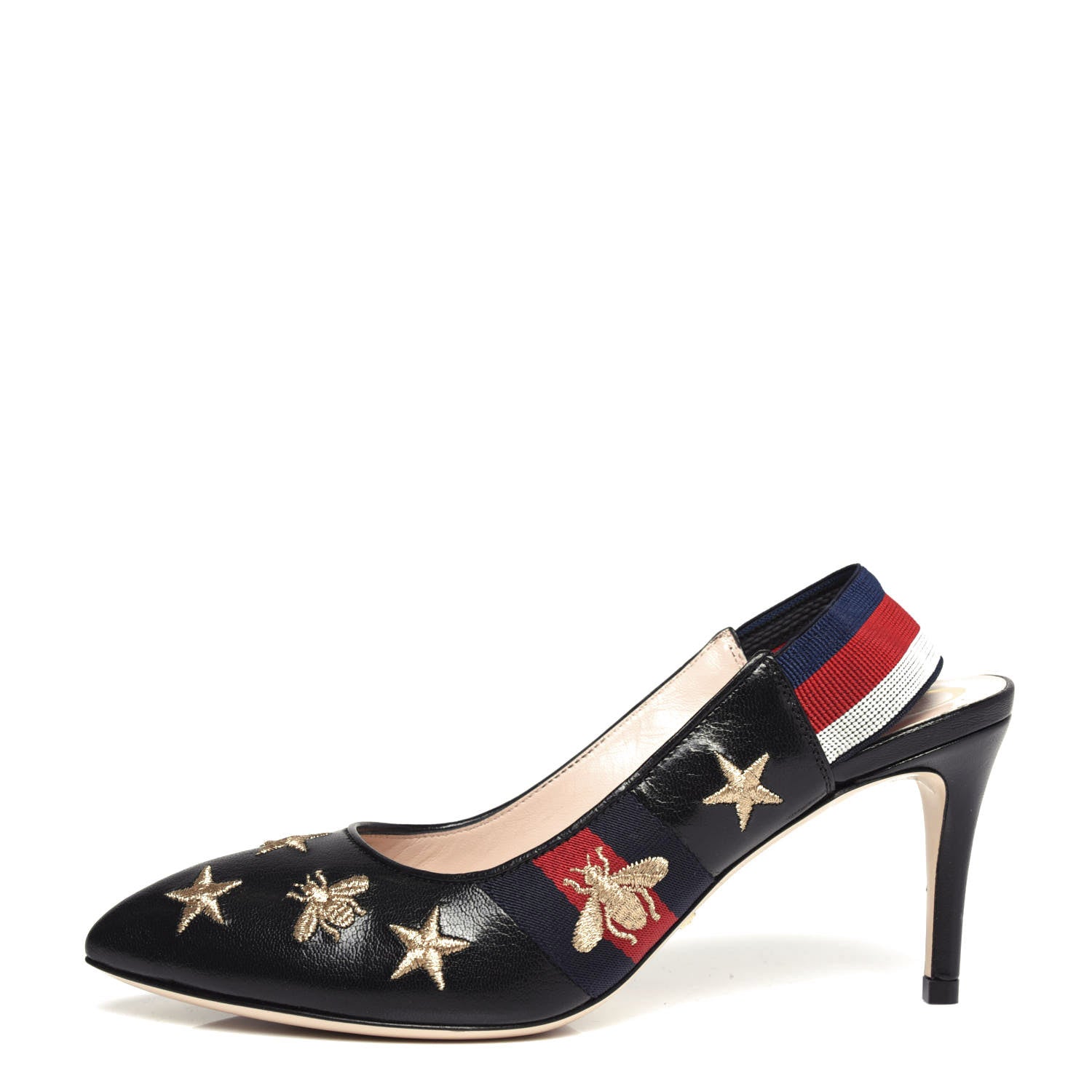 Gucci Calfskin Web Bee Star Embroidered Sylvie Mid Heel Slingback Pumps 35.5 Black 1 of 11