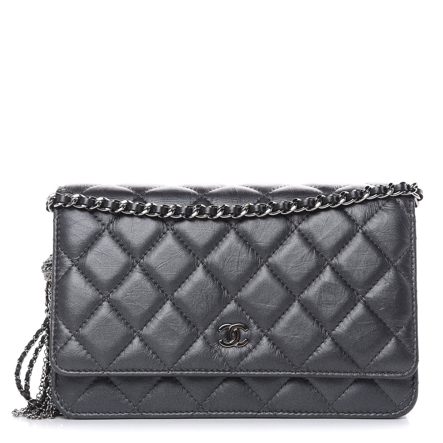 Iridescent Aged Calfskin Quilted Tassel Wallet On Chain WOC Dark Silver