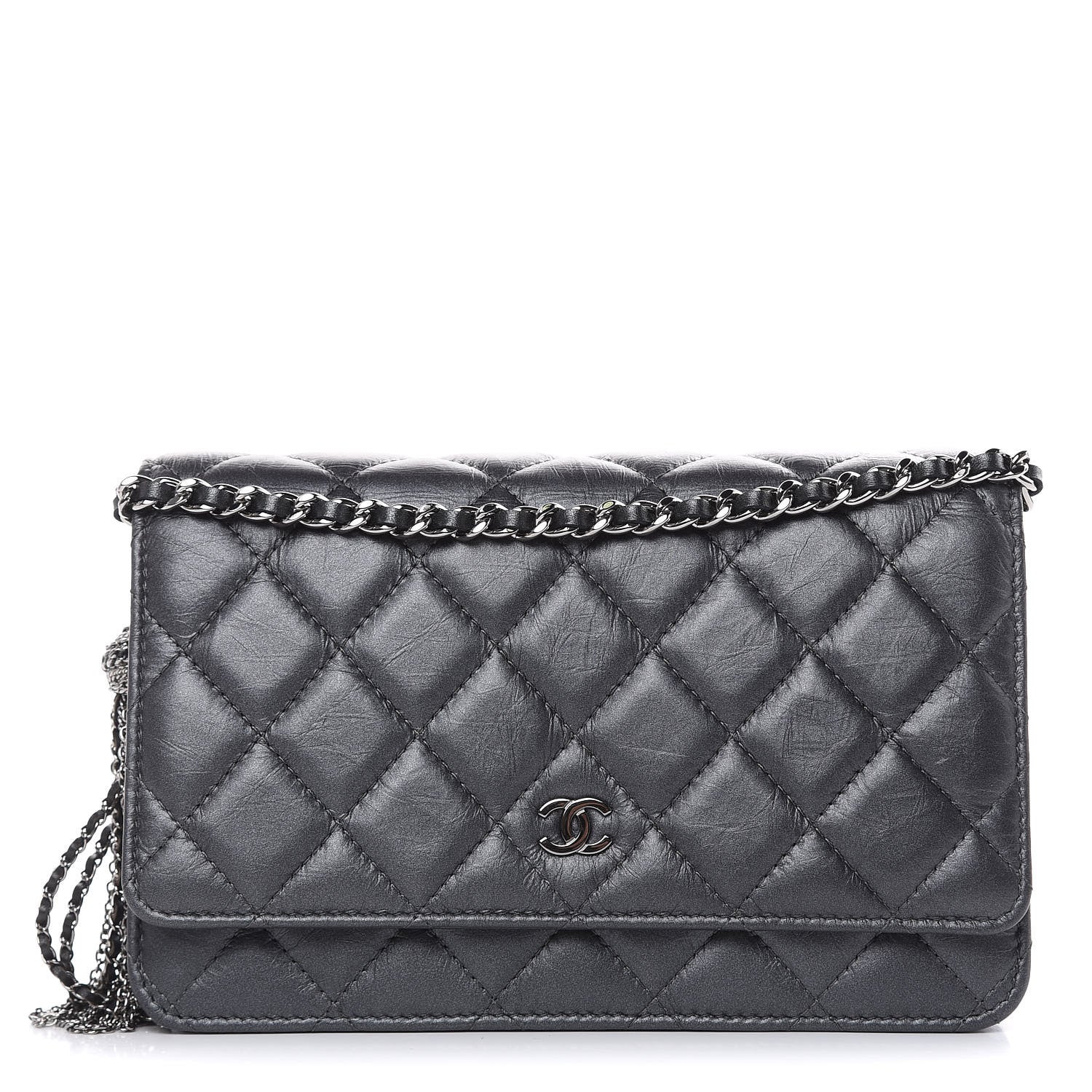 Chanel Iridescent Aged Calfskin Quilted Tassel Wallet On Chain WOC Dark Silver 1 of 12