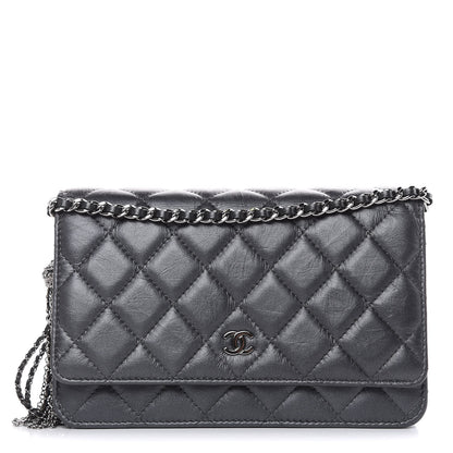 Chanel Iridescent Aged Calfskin Quilted Tassel Wallet On Chain WOC Dark Silver 1 of 12
