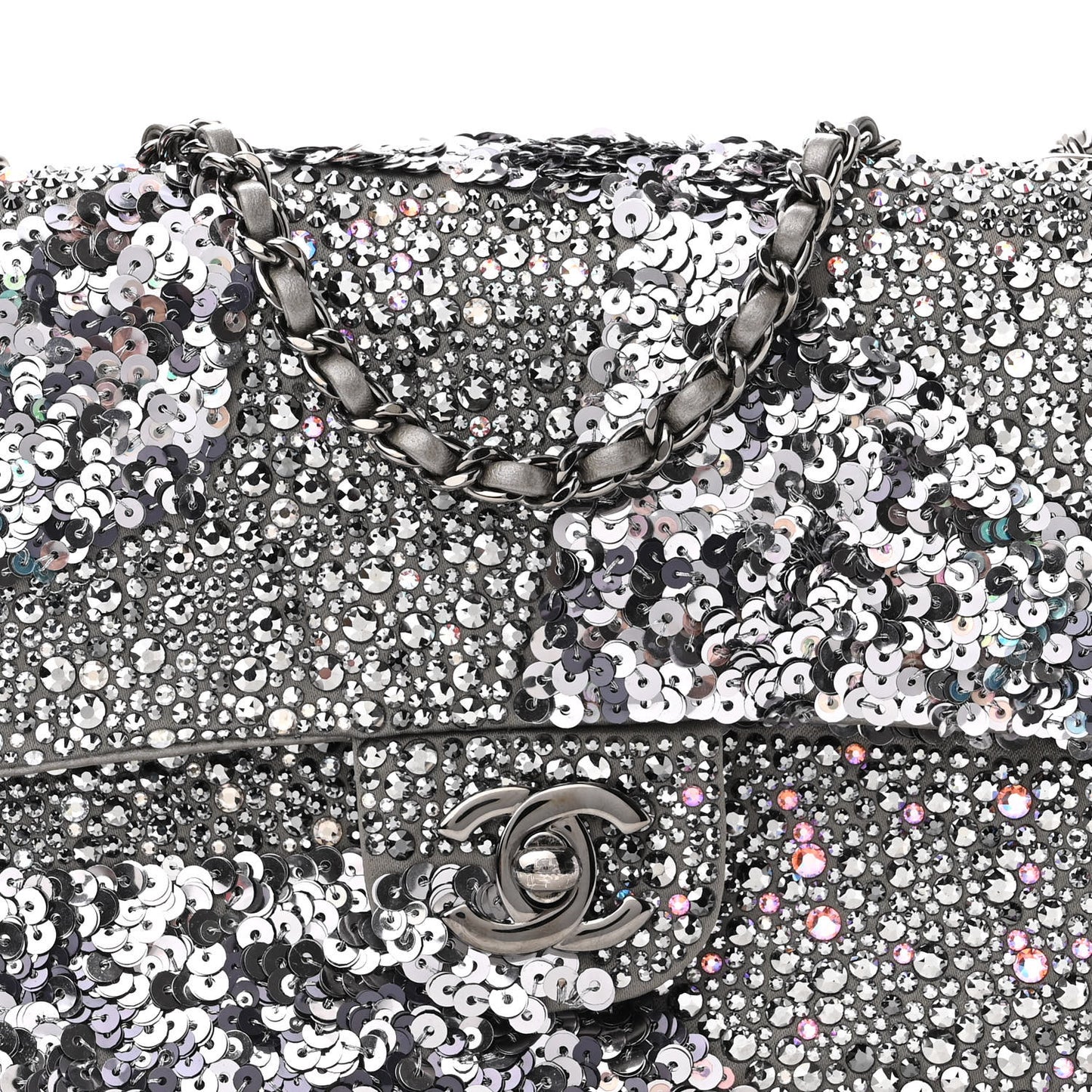 Lambskin Sequin Crystal Diamante Mini Flap Silver