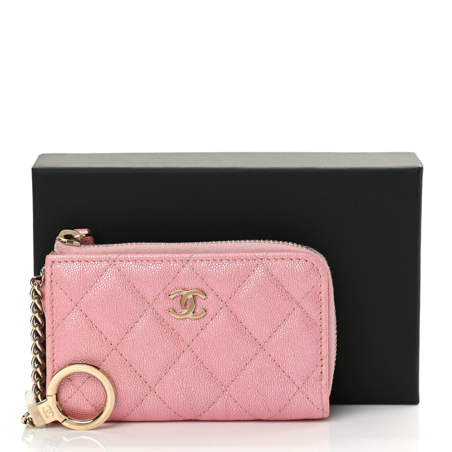 Iridescent Caviar Quilted Zipped Key Holder Case Rose Pink