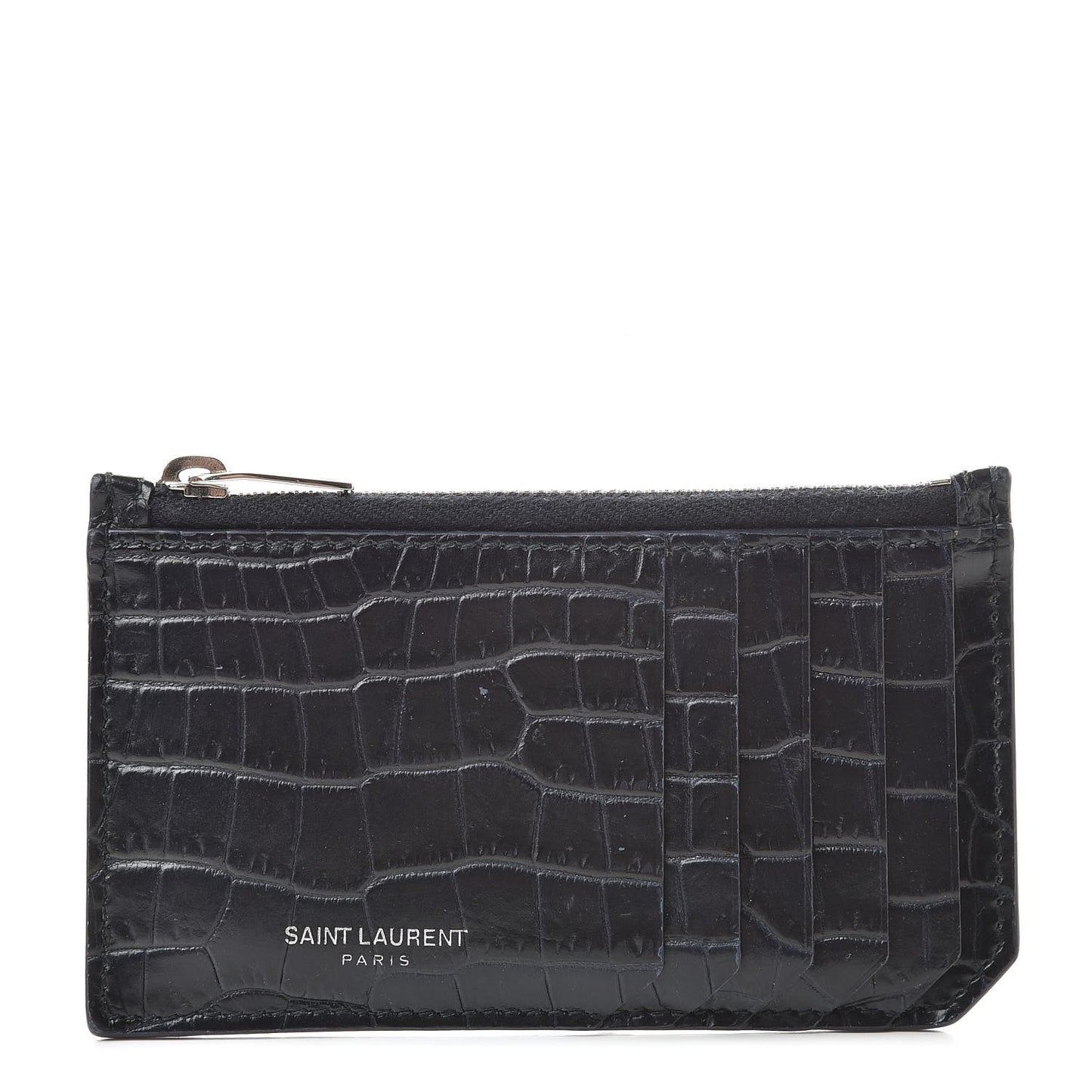 Calfskin Crocodile Embossed 5 Fragments Zip Pouch Card Holder Blue Marine