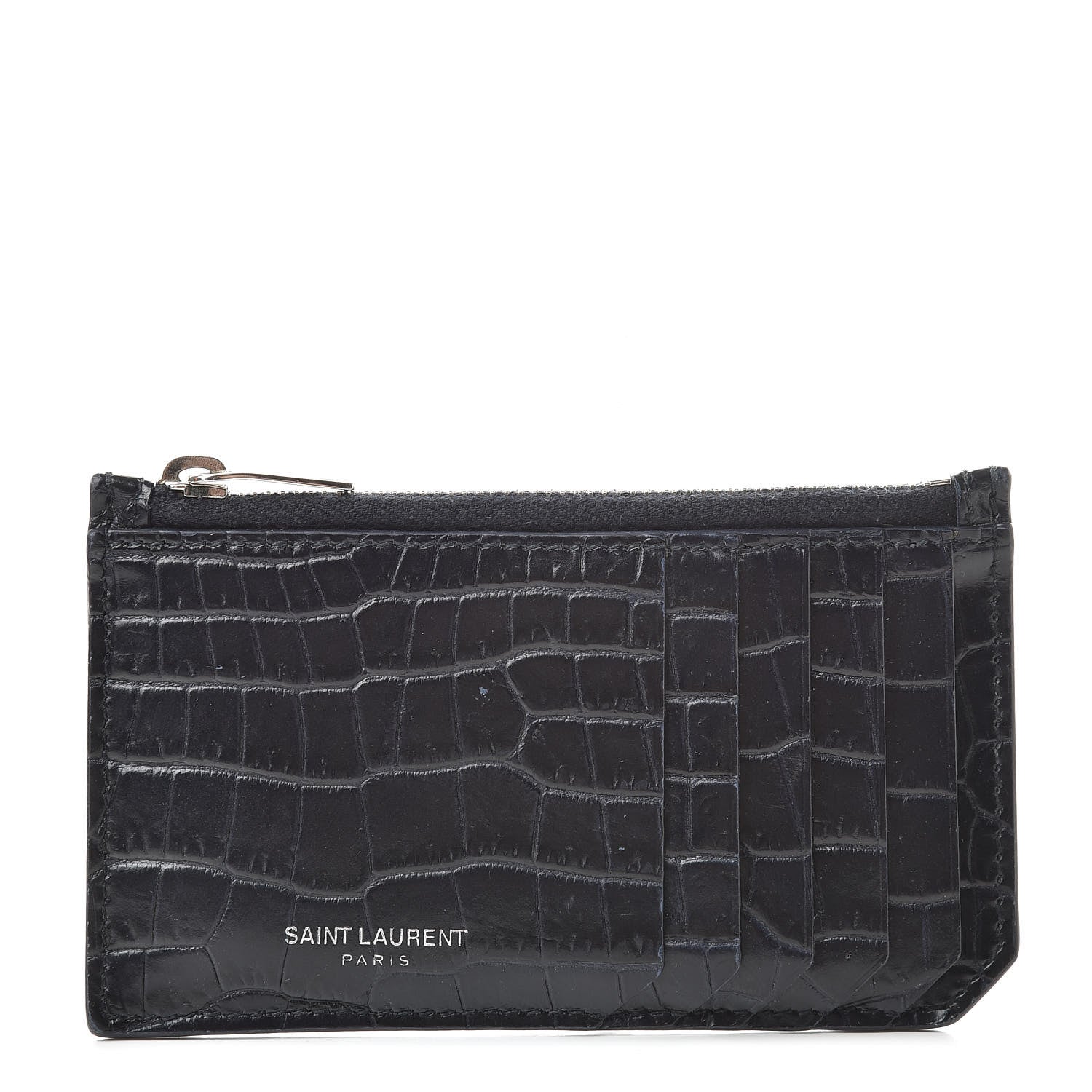 Saint Laurent Calfskin Crocodile Embossed 5 Fragments Zip Pouch Card Holder Blue Marine 1 of 11