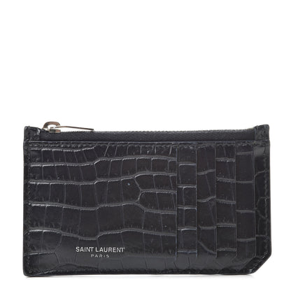 Saint Laurent Calfskin Crocodile Embossed 5 Fragments Zip Pouch Card Holder Blue Marine 1 of 11