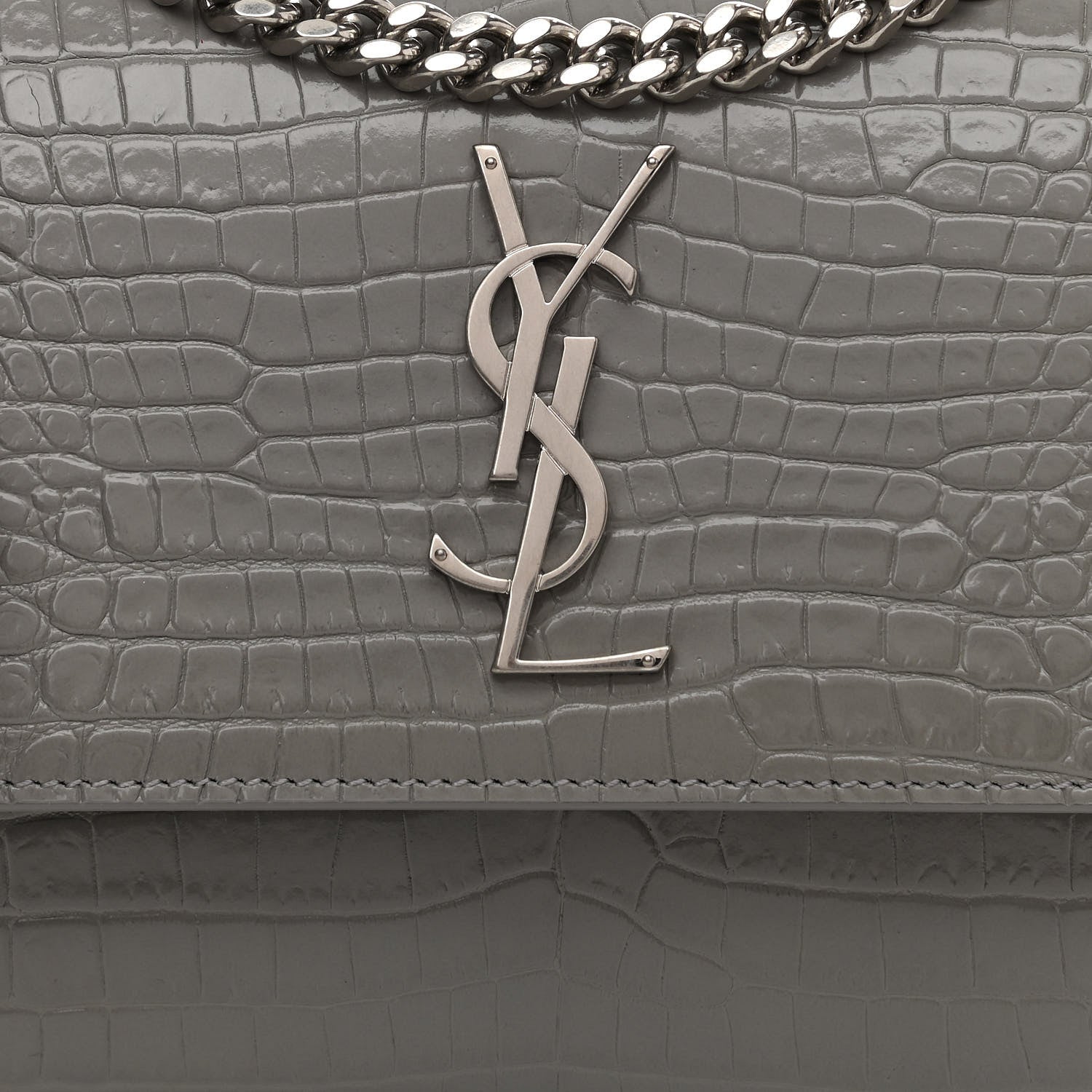 Saint Laurent Calfskin Crocodile Embossed Medium Monogram Sunset Gris Perle 8 of 10
