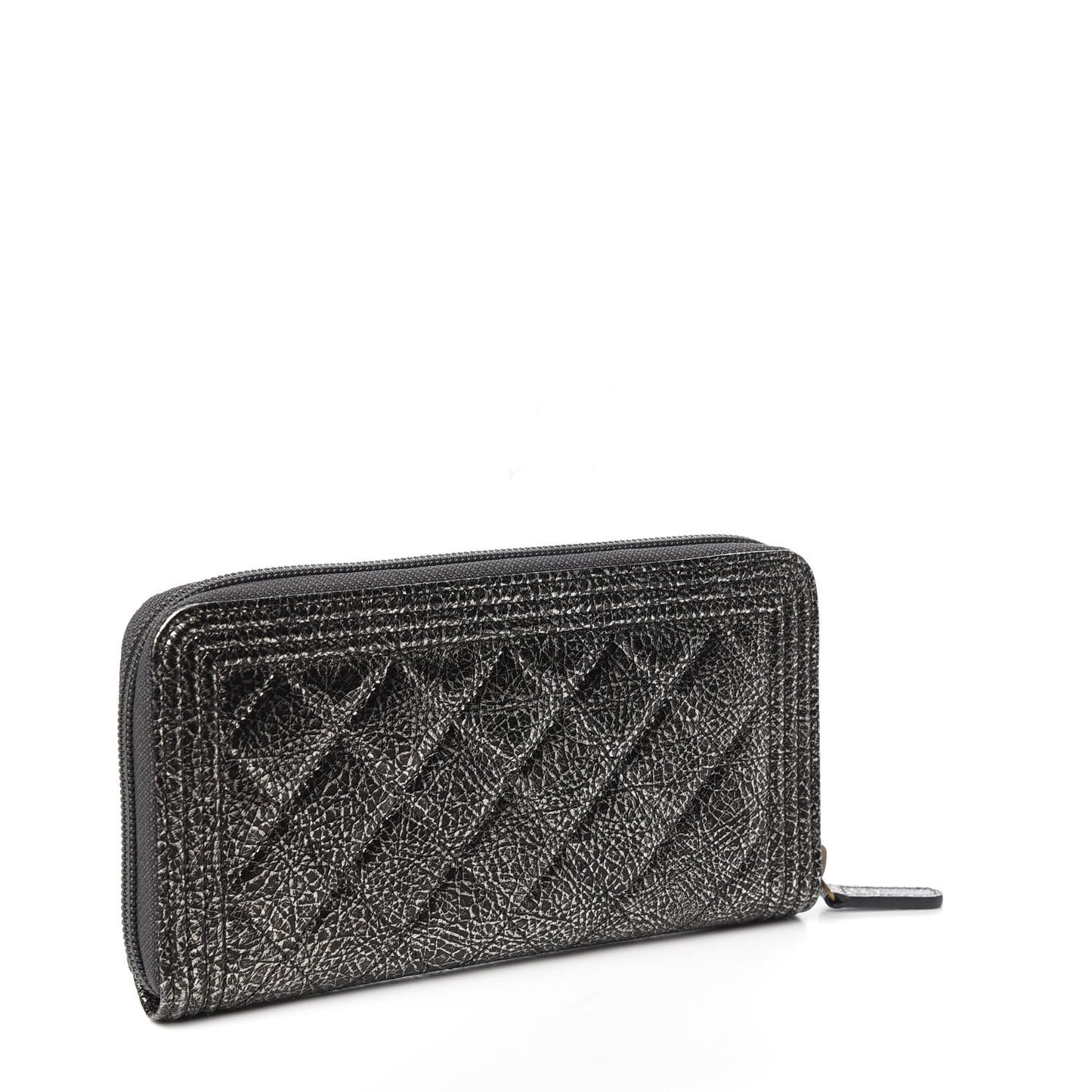 Cracked Metallic Calfskin Quilted Boy Long Zip Around Wallet Dark Silver