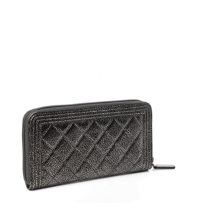 Chanel Cracked Metallic Calfskin Quilted Boy Long Zip Around Wallet Dark Silver 2 of 7