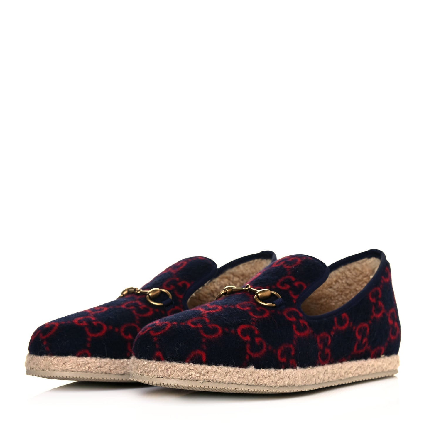 Covered Wool GG Monogram Mens Fria Horsebit Loafers 7.5 Blue Red Butterscotch