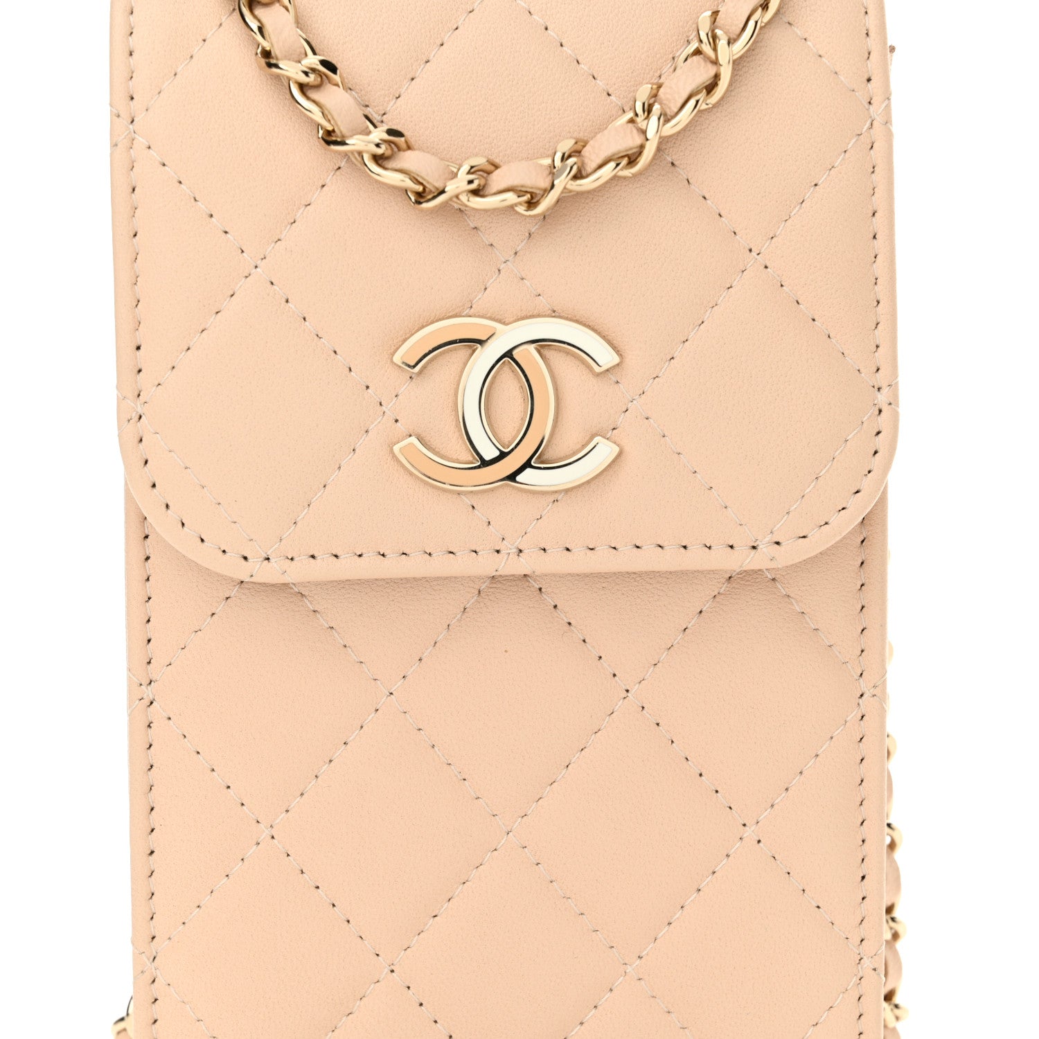 Chanel Lambskin Enamel Quilted Phone Holder With Chain Beige