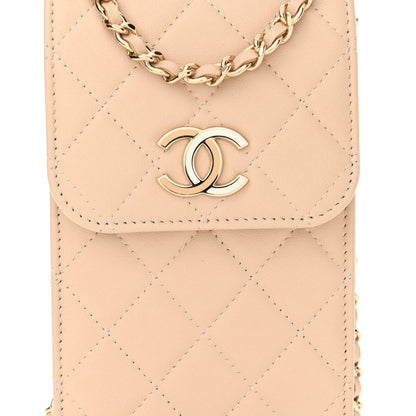 Chanel Lambskin Enamel Quilted Phone Holder With Chain Beige 10 of 13