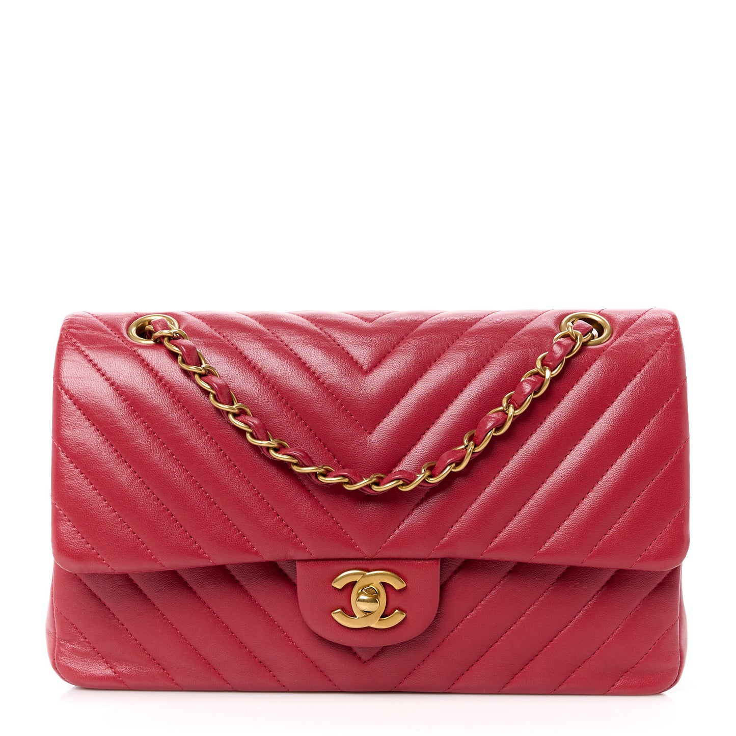 Lambskin Chevron Quilted Medium Double Flap Red