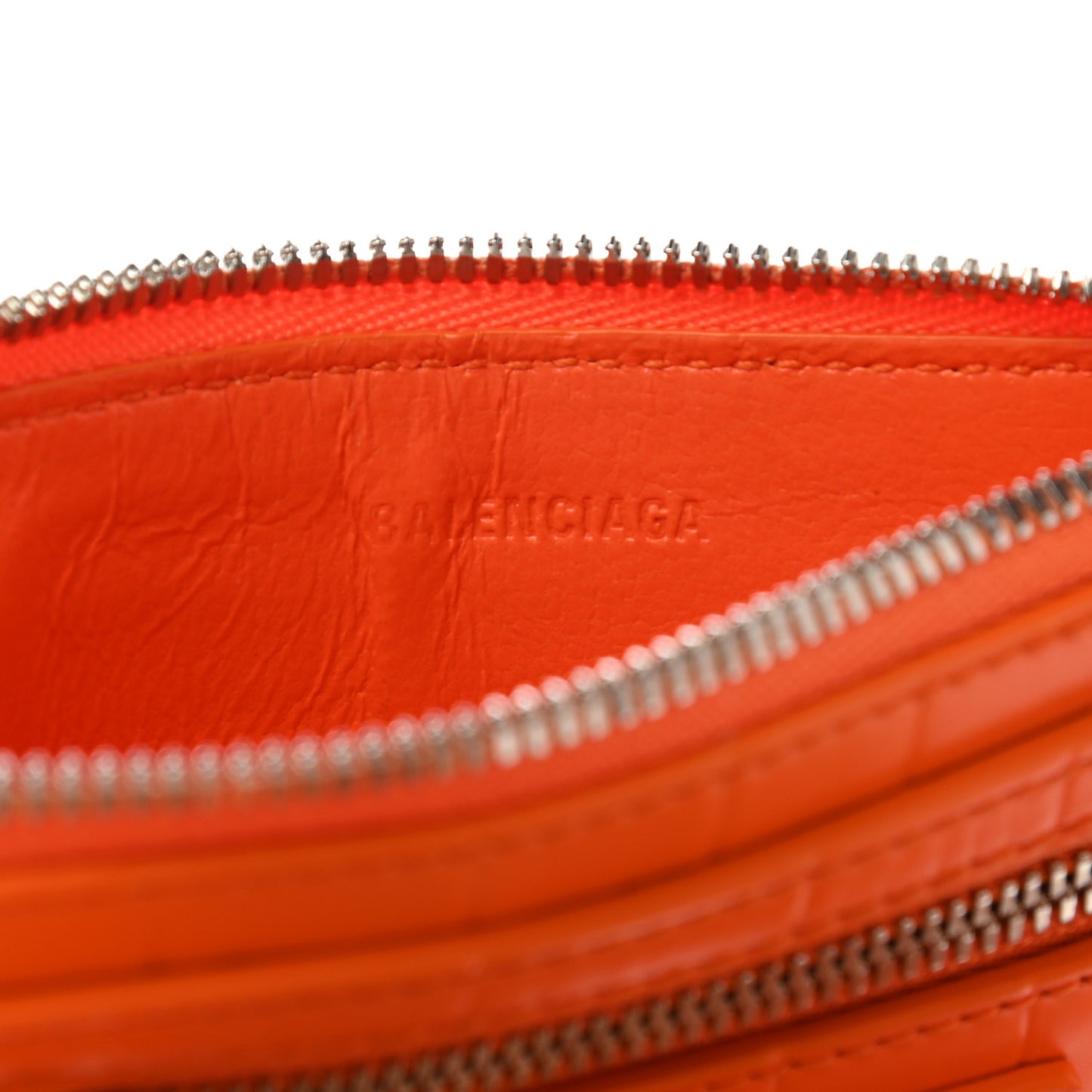 Semi Shiny Calfskin Crocodile Embossed Neo Classic Silver Hardware Long Coin Case Card Holder Orange