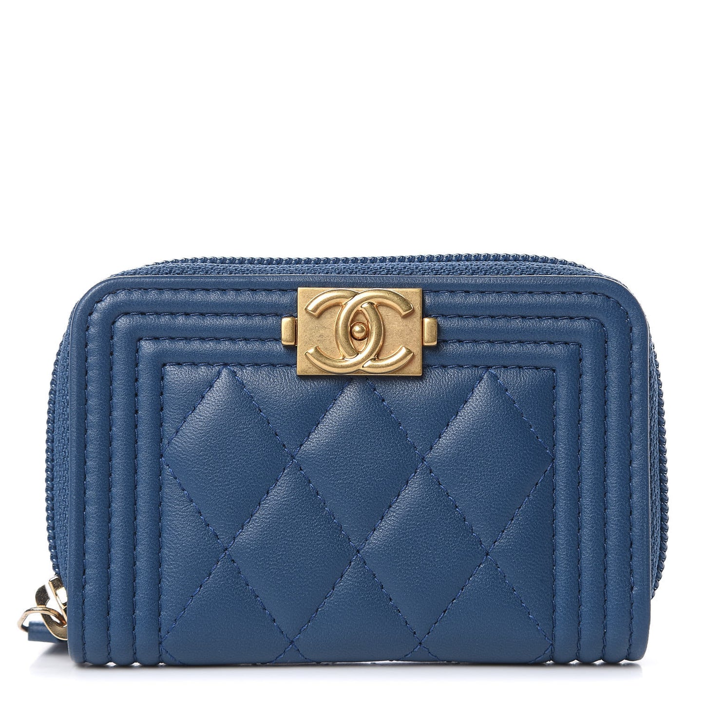 Lambskin Quilted Boy Zip Around Coin Purse Wallet Blue