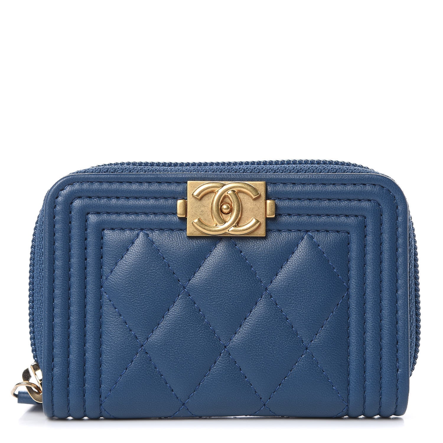 Chanel Lambskin Quilted Boy Zip Around Coin Purse Wallet Blue 1 of 8