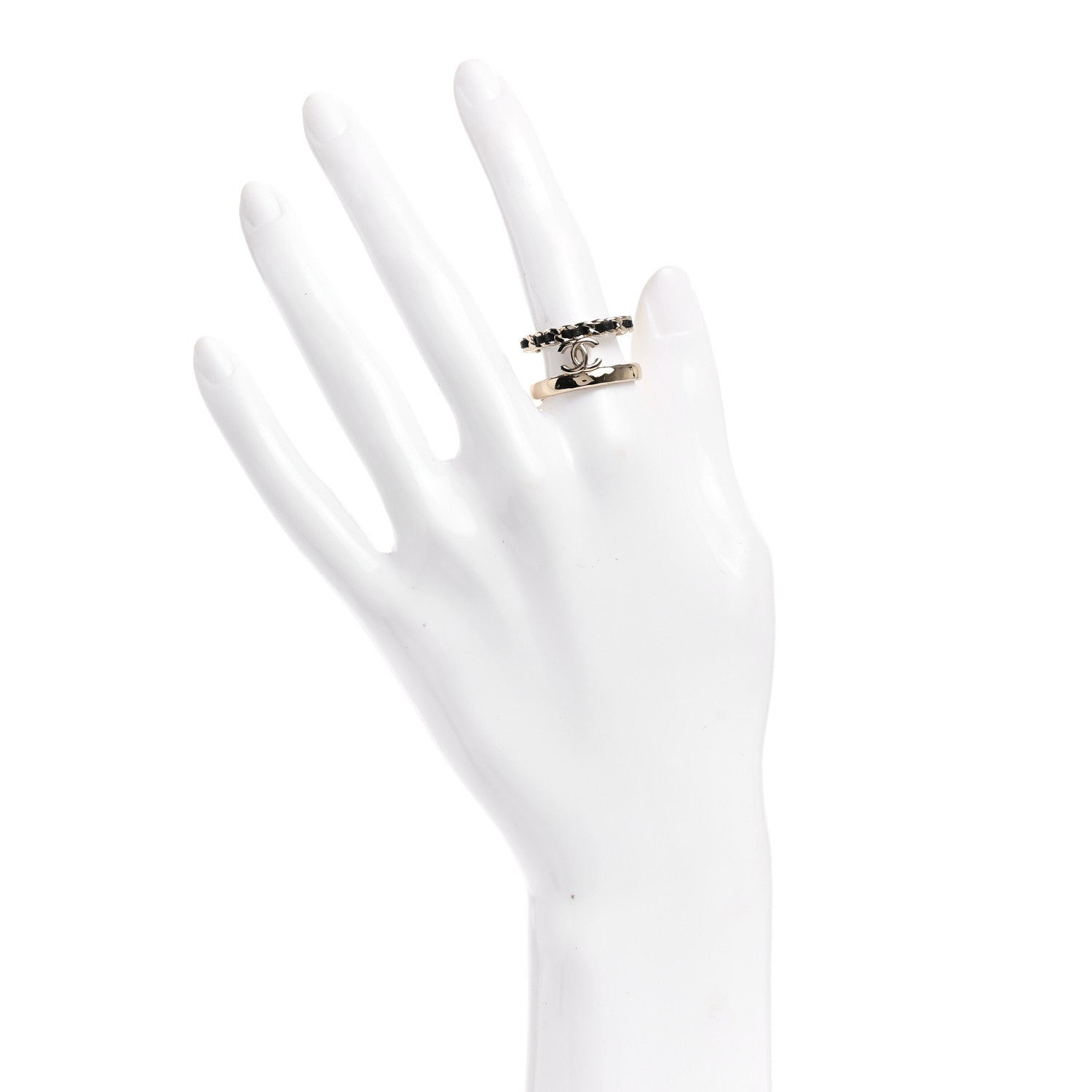 Chanel Metal Lambskin Chain CC Ring 7.25 Gold Black 2 of 5
