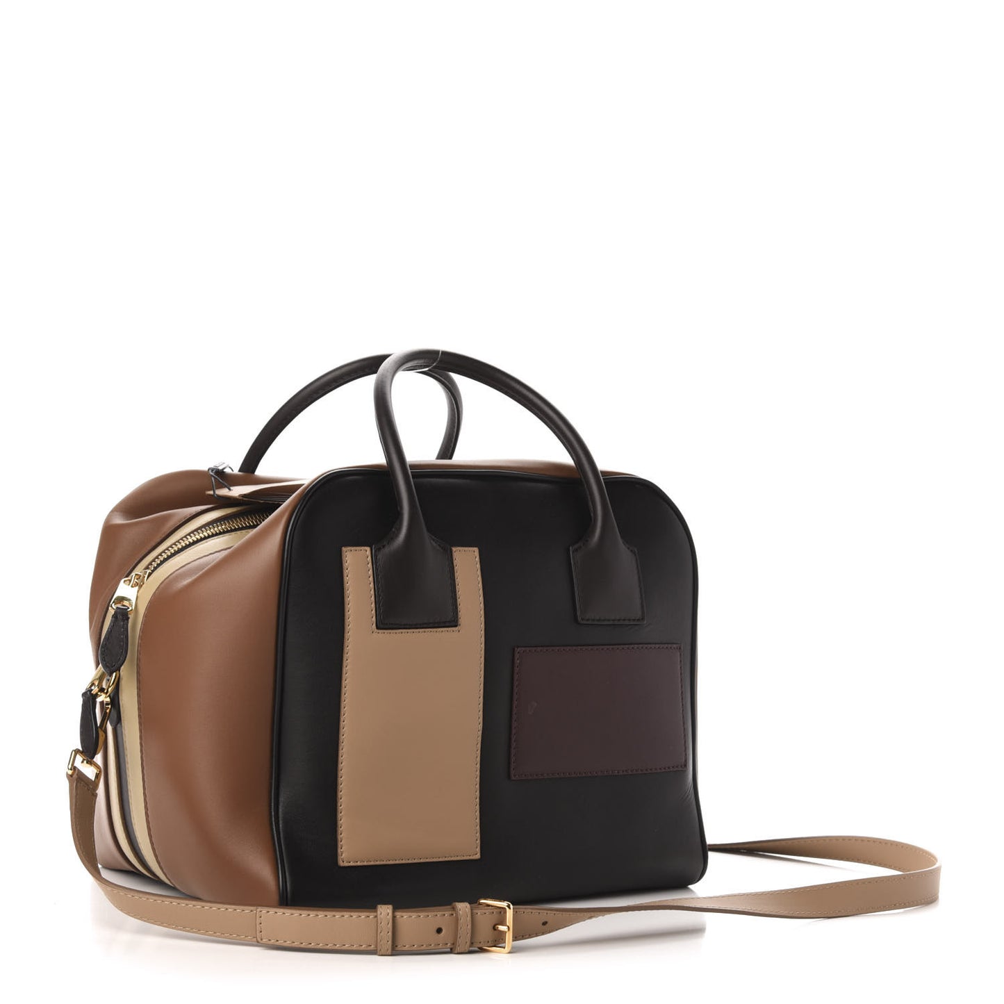 Smooth Calfskin Paneled Medium Cube Bowling Bag Black