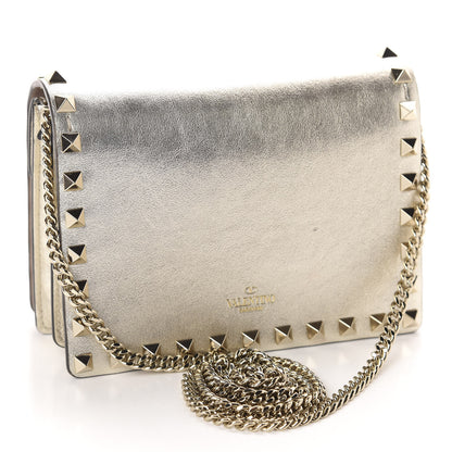 Valentino Garavani Metallic Calfskin Rockstud Wallet on Chain Gold 3 of 9