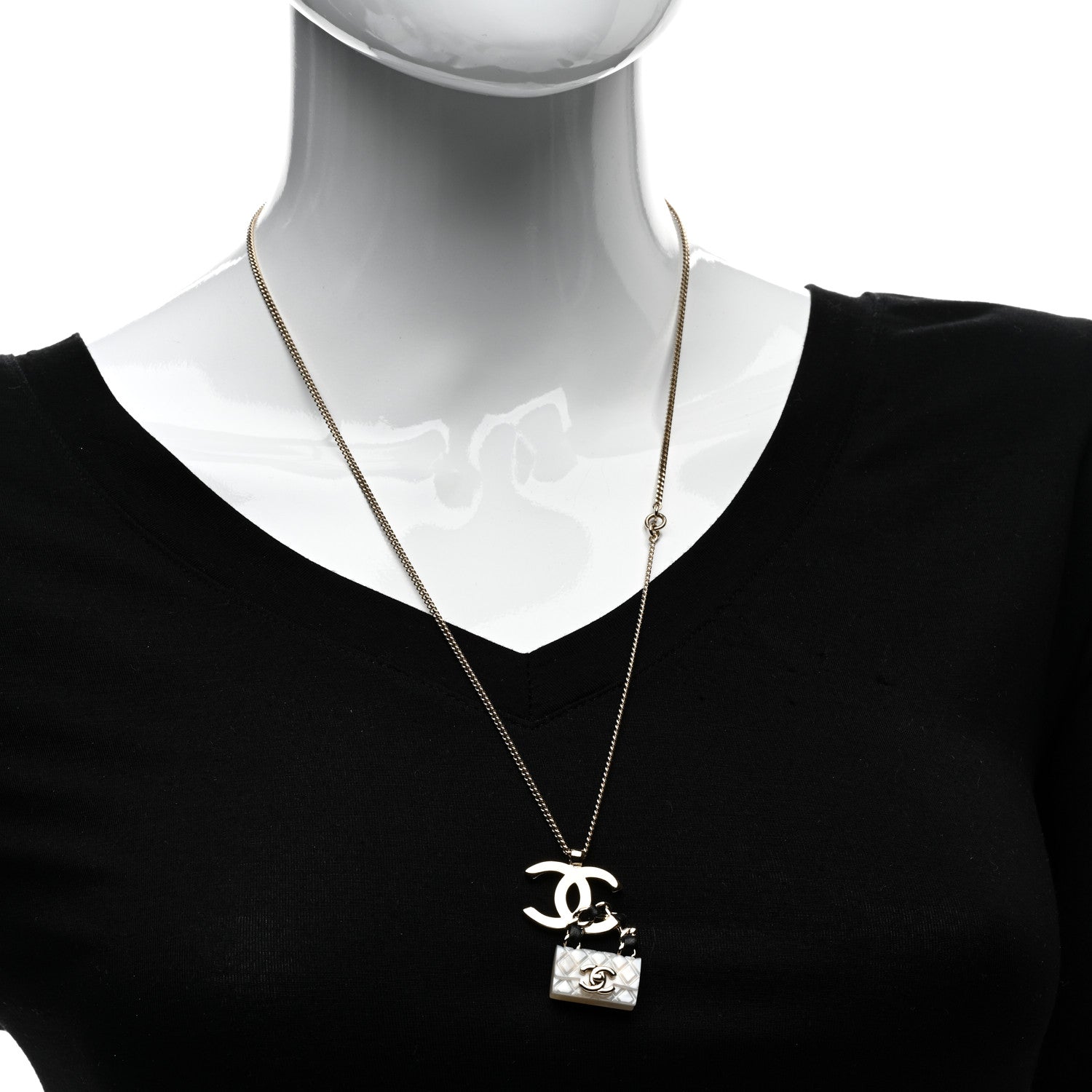 Chanel Metal Lambskin Resin CC Flap Bag Necklace Gold Black Pearly White 2 of 4