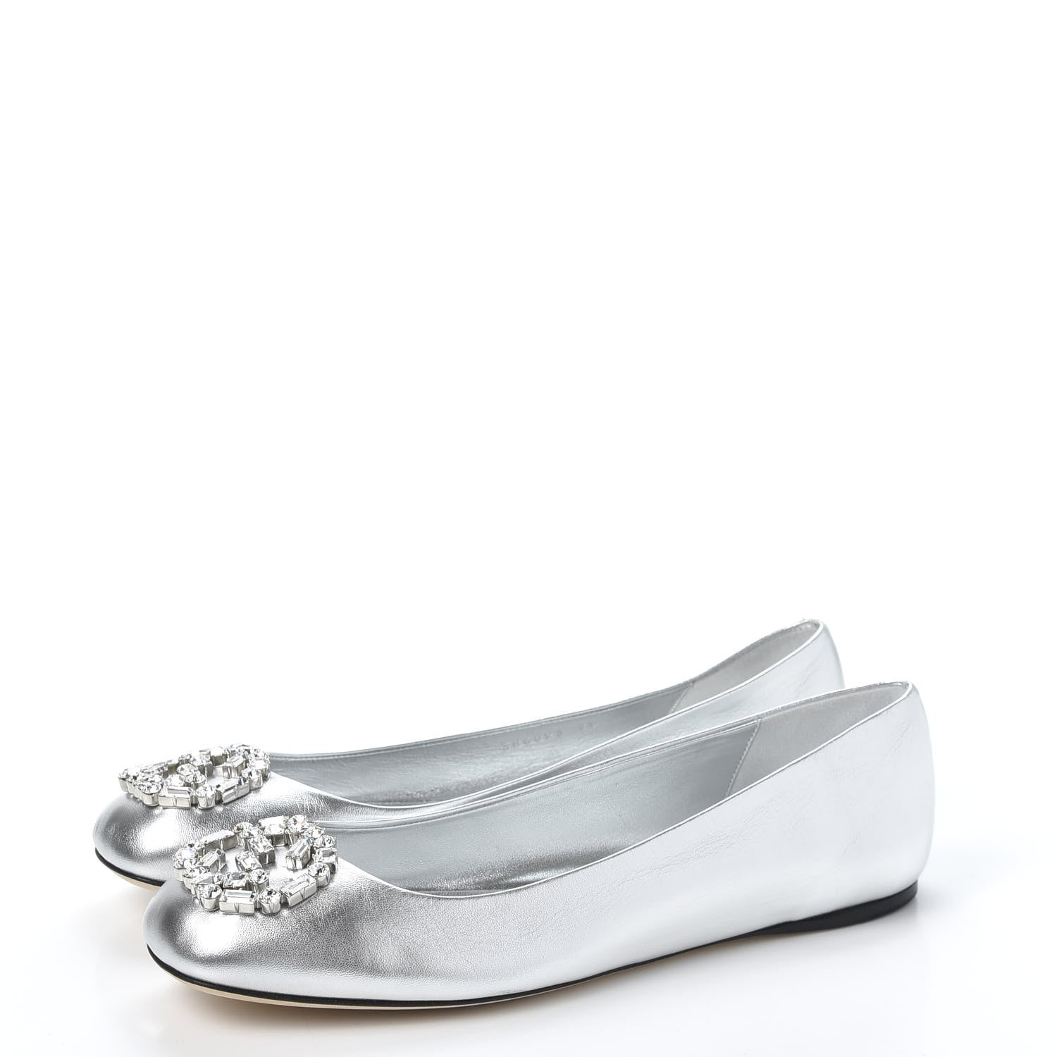 Gucci Metallic Nappa Silk Crystal Interlocking G Ballet Flats 39 Argento 2 of 11