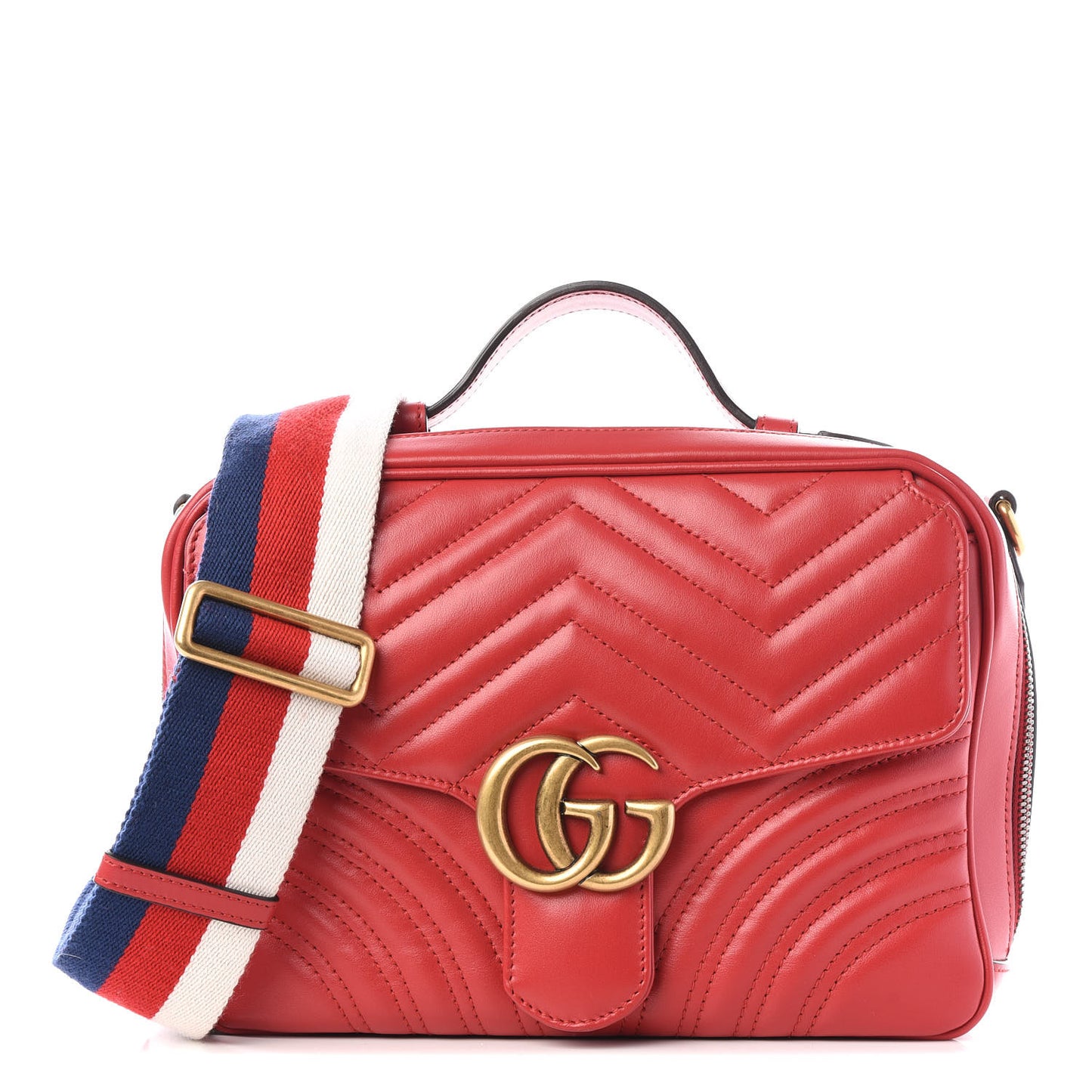Calfskin Matelasse Sylvie Web Small GG Marmont Top Handle Shoulder Bag Hibiscus Red