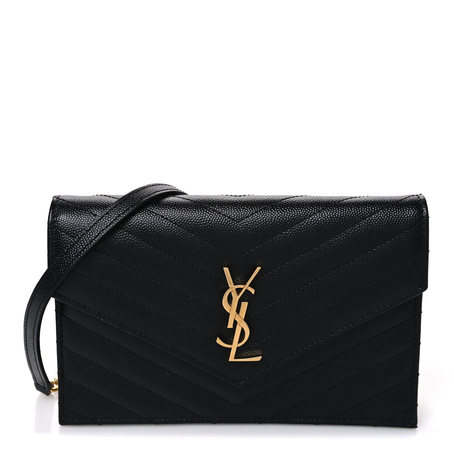 Grain De Poudre Matelasse Chevron Monogram Envelope Chain Wallet Black